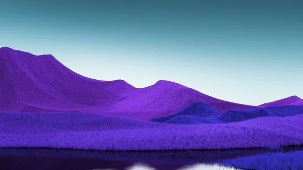 Surrealista paisaje de montañas con picos púrpura brillante y cielo azul oscuro. Fondo abstracto mínimo. Superficie lanuda con un ligero ruido. renderizado 3d — Foto de Stock