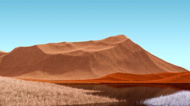 Turuncu tepeleri ve mavi gökyüzü olan gerçeküstü dağlar. Asgari soyut arkaplan. Hafif gürültülü, tüylü bir yüzey. 3d oluşturma