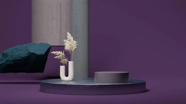 Ronde podium display in de buurt van zwevende steen, pampas gras in geometrische vaas op heldere violette achtergrond. Magisch realisme. moderne kunst. 3D-weergave. — Stockfoto