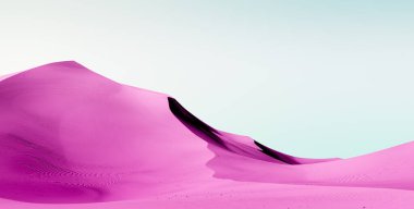 Mor kum tepeleri ve parlak gökyüzü. Kontrastlı gökyüzü olan çöl manzarası. Asgari soyut arkaplan. 3d oluşturma