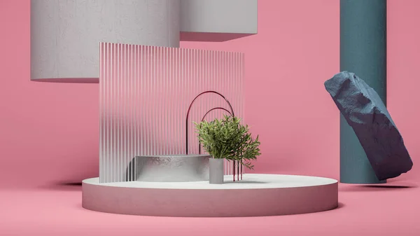 Rundes Podium, kleine Palme, verschiedene geometrische abstrakte Figuren auf rosa Hintergrund. Natürliche Vitrine. Minimales Design. 3D-Darstellung. Stockbild