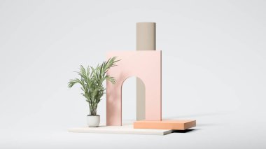 Parlak mavi arkaplanda küçük palmiye ağaçları olan kare kavis. Minimum tasarım. 3d oluşturma.