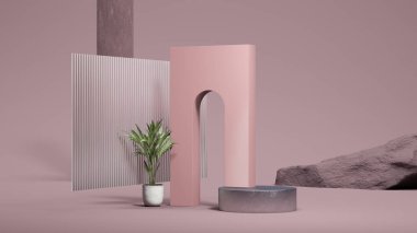 Uzun yay, bitki ve cam ekran ile karanlık sahne. Minimum tasarım. 3d oluşturma.