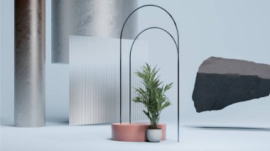 İnce kavisli açık mavi alan, pembe podyum ve küçük palmiye ağacı. Minimum tasarım. 3d oluşturma.