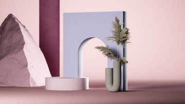 Pampas otlarının yanında yuvarlak delikli gri duvar ve çıplak bej arka planda taş. Sihirli gerçekçilik. Soyut modern sanat. 3d oluşturma