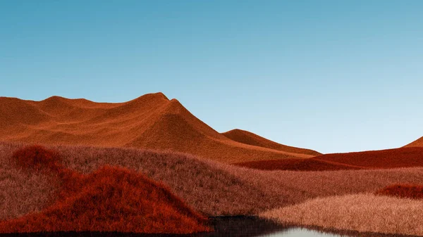 Surrealista paisaje de montañas con picos rojos y anaranjados y cielo azul azulado. Fondo abstracto mínimo. Superficie lanuda con un ligero ruido. renderizado 3d — Foto de Stock
