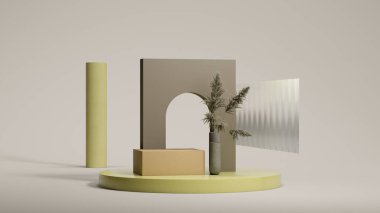 Cam kenarında delik olan kahverengi duvar, iç çukur, sırık, kare kahverengi ve açık gri arka planda yuvarlak sarı vitrinler. Modern sanat. 3B görüntüleme.