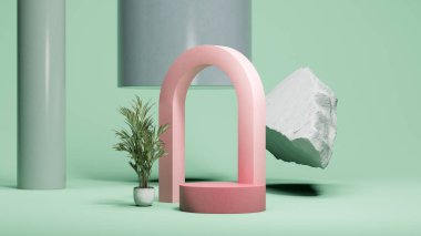 Somon rengi plastik kavis, yükselen taşın yanında, küçük bitki, pembe yuvarlak podyum görüntüsü ve naneli arkaplanda farklı soyut figürler. 3 boyutlu görüntüleme. Sihirli gerçekçilik. 