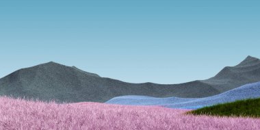 Gri, mor tepeleri ve gök mavisi gökyüzü olan gerçeküstü dağlar. Asgari soyut arkaplan. Hafif gürültülü, tüylü bir yüzey. 3d oluşturma