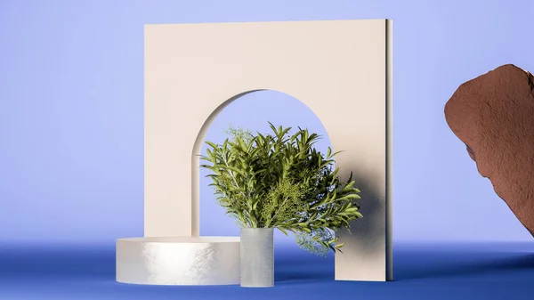 Wall with round podium display, plant in vase and flying stone on gradient blue background. Empty space. 3d rendering. — Stockfoto