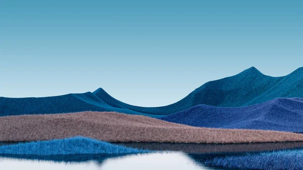 濃い青と茶色のピークとティールの空と超現実的な山の風景。最小限の抽象的背景。わずかなノイズでシュガージ表面。3Dレンダリング — ストック写真