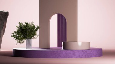 Uzun kahverengi kavisli ve yeşil bitkili büyük yuvarlak bir podyum. Minimum tasarım. 3d oluşturma.