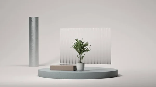 Gray round podium display on the bright background with small palm tree. Minimal design. 3d rendering. — Fotografia de Stock