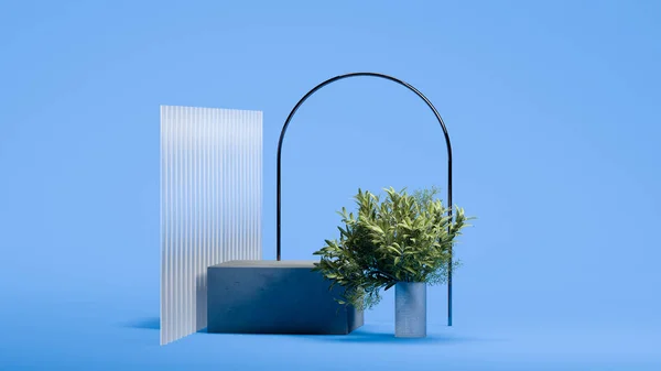 Ljusblå scen med tunn båge, planta och fyrkantigt podium. Minimal design. 3d-konvertering. — Stockfoto