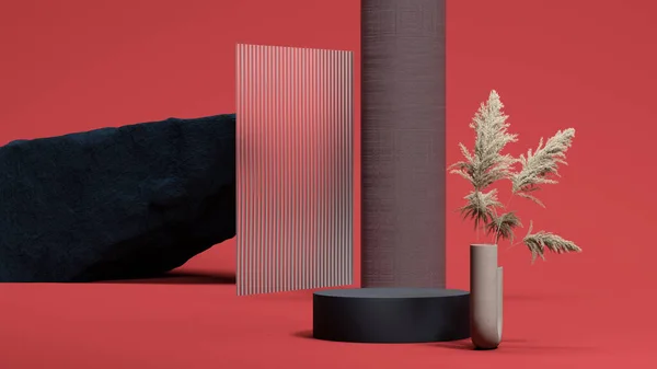 Black round podium display pampas grass in vase, glass and stone on red background. Copy space. 3d rendering. — Stock Photo, Image