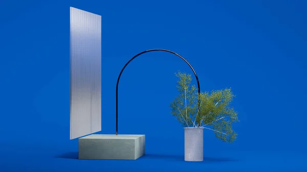 Fyrkantig betong skyltfönster, trädgrenar i vas, glas och metallic båge på blå bakgrund. Minimalism. Uppfattat utrymme. 3d-konvertering. — Stockfoto