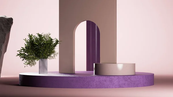 Big round podium with tall brown arc and green plant. Minimal design. 3d rendering. — Stock Photo, Image