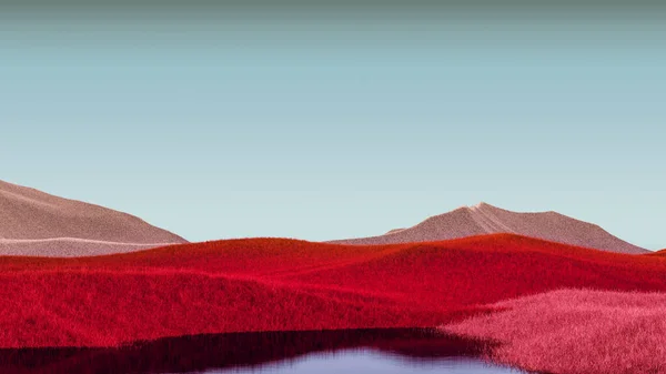 Surrealistisch berglandschap met felrode toppen en grijze lucht. Minimale abstracte achtergrond. Shaggy oppervlak met een lichte ruis. 3d destructie — Stockfoto