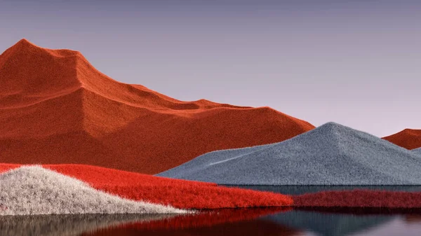 Surrealistická horská krajina s temně oranžovými vrcholy a purpurovou oblohou. Minimální abstraktní pozadí. Chundelatý povrch s lehkým šumem. 3D vykreslování — Stock fotografie