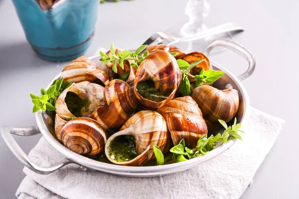 Delicious cooked sea escargo snails in a frying pan on a gray table