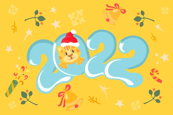 Tigre di Natale col cappello da Babbo Natale. Graziosi disegni di personaggi sul tema del nuovo anno su uno sfondo luminoso. — Foto Stock