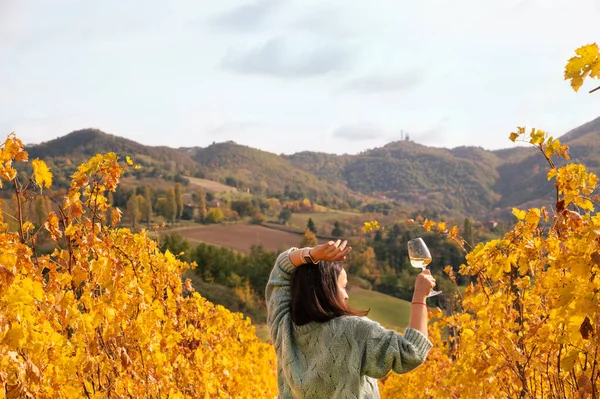 Žena se sklenkou vína na vinicích. Podzimní kopce v Itálii v Toskánsku. Sezóna setkání při porodu. Muž s vínem v rukou a panorama. — Stock fotografie