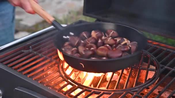 Marrons rôtis et maroni sur le feu dans une poêle spéciale en acier. Délices traditionnels italiens d'automne. Fête dans une maison de campagne avec des amis. — Video