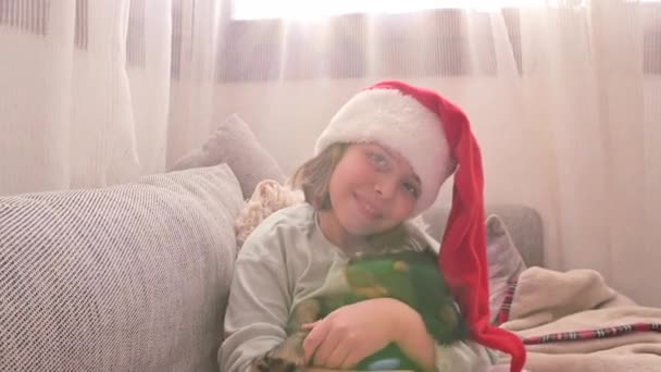 Malá vánoční holčička a kokršpaněl štěně. Šťastné dítě v Santa klobouku drží psa v rukou — Stock video