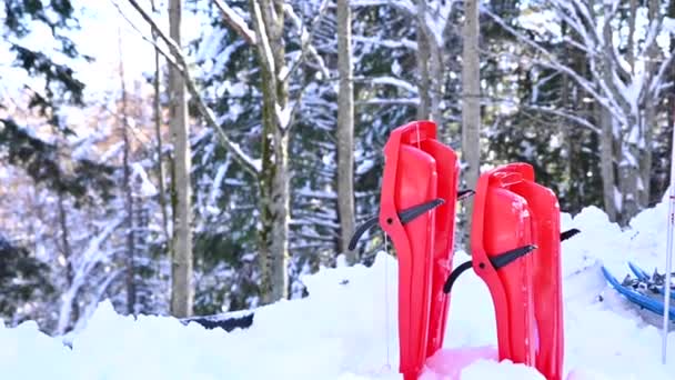 Πλαστικά έλκηθρα για βουνά στο χιόνι. διασκέδαση για τα παιδιά το χειμώνα — Αρχείο Βίντεο