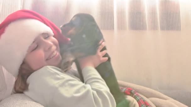 Pequeña chica de Navidad y cachorro cocker spaniel. Niño feliz en un sombrero de santa tiene un perro en sus manos — Vídeos de Stock
