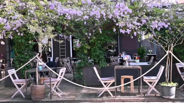 Straßenrestaurant in lila Blüten. Nettes Café in einem Ferienort in Süditalien — Stockvideo