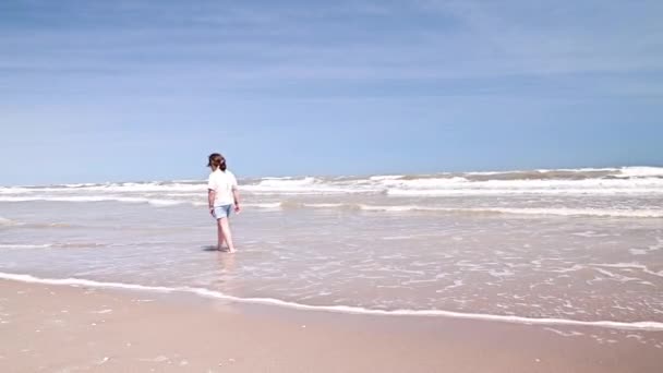 女の子は9月にビーチを歩きます。青い空の海、波、夏の服の子供. — ストック動画