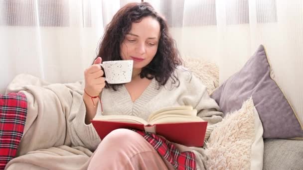 女はコーヒーを飲んで本を読んでいる。ソファの上に本が置かれた窓のそばには居心地の良い家と若いヨーロッパ風の人が休んでいます。 — ストック動画