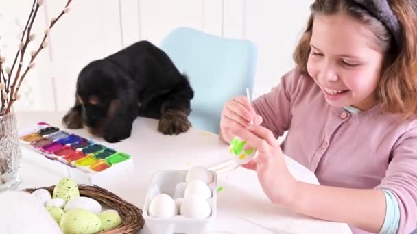 Niña y un cachorrito pintan huevos para Pascua. Niño colegial de aspecto europeo y huevos de Pascua, — Vídeo de stock