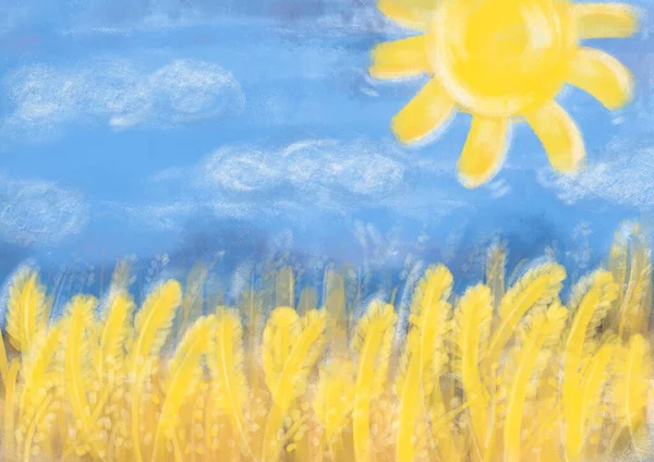 Guerra en Ucrania con Rusia. Postales para la paz, no queremos guerra. El sol, el cielo azul y el campo de trigo son amarillos como símbolo de paz y prosperidad. Imagen De Stock