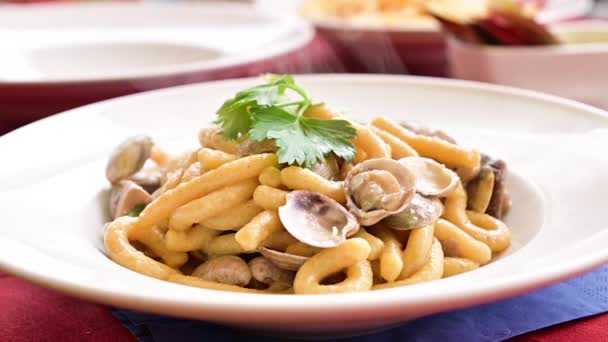 Pâtes Vongole dans une assiette blanche à la vapeur chaude. Déjeuner frais dans un restaurant italien traditionnel pâtes épaisses avec palourdes et persil, gros plan. — Video