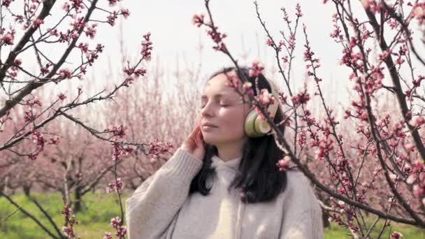 若い女性はヘッドフォンで音楽を聞いて瞑想し、春には開花する庭にいます。リラクゼーションと静けさの素晴らしい瞬間。自然との平和と団結. — ストック動画