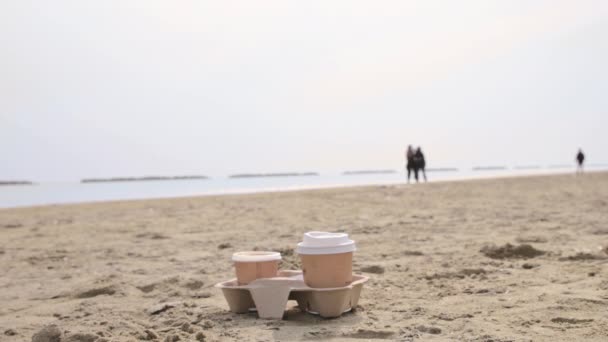 Kawa na wynos. Przerwa na kawę na otwartej przestrzeni. Poranna kawa na wybrzeżu przy wybrzeżu. Spokój i spokój jako czas dla siebie — Wideo stockowe