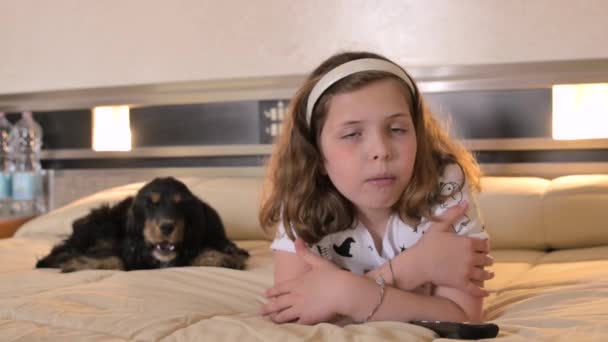한 소녀가 침대에 누워서 코커스패니얼 강아지 옆에 있는 TV 를 보고 있습니다. 방 안에 있는 아이와 개. — 비디오