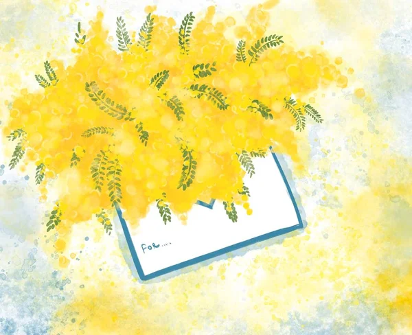 Mimosa fleurit le jour de la fête des mères le 8 mars en Italie. Carte postale avec aquarelles mimosa. Symbole des femmes en Europe. — Photo