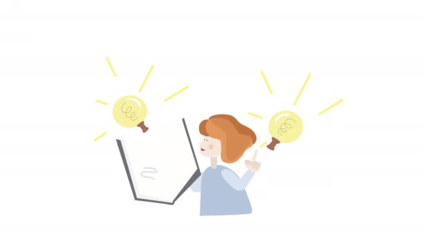 A young person is reading a book, a girl is a student with a book in her hands and a light bulb giving an idea. — Stok video