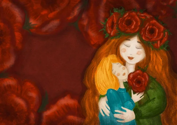 Μαμά και κόρη, κάρτα ημέρας μητέρων. Η μαμά και η μικρή κόρη αγκαλιάζονται. Ζωγραφίζοντας ένα μαλακό μολύβι. Υπάρχουν πολλές κόκκινες παπαρούνες στο παρασκήνιο., — Φωτογραφία Αρχείου