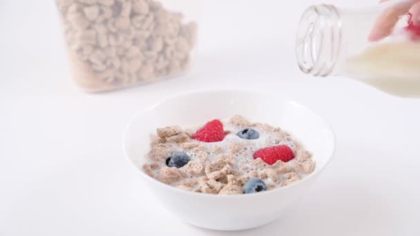 Salvado con leche, desayuno saludable granulado con bayas y vitaminas. — Vídeos de Stock