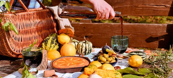 Sonbahar pikniği. Sonbahar doğasında öğle yemeği için hazırlanmış bir masa, piknik. Hasat, sonbahar yemeği, şarap ve bardaklar. Açık hava toplantısı.