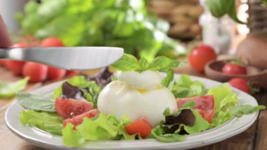 Domatesli salata, Burrata, fesleğen, zeytinyağı. Göbek adı Burratina. Puglia bölgesindeki İtalya 'nın güneyinden geleneksel peynir. Sıvı stracciatella desenli 45 'liğin içinde yuvarlak yumuşak peynir. 