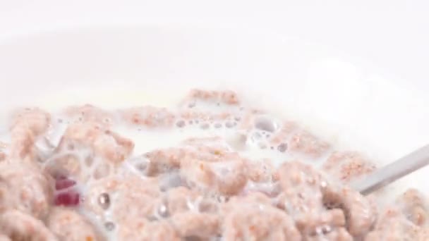 Bran Milk Healthy Breakfast Granulated Berries Vitamins High Quality Footage — ストック動画