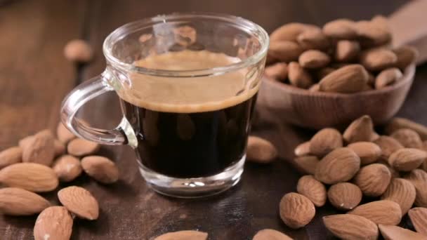 Almond Espresso Coffee Aromatic Strong Scatters Almonds Wooden Background Almond — Video