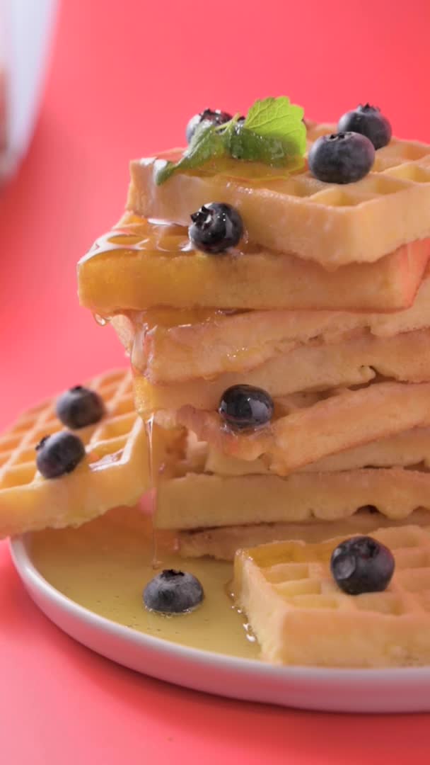 Belgian Waffles Fresh Dutch Pastries Honey Blueberries Breakfast Delicious High — Stock videók