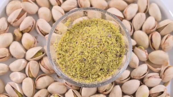 Pistachios Nuts Pistachios Shells Ground Cup Close Food Vitamins Minerals — Wideo stockowe