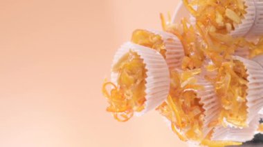 A typical Italian dessert from the Sardinia, Nuorese, Baronia and Gallura regions. thin strips of candied orange peel with honey, from almonds, from typical products of the region. FullHD footage